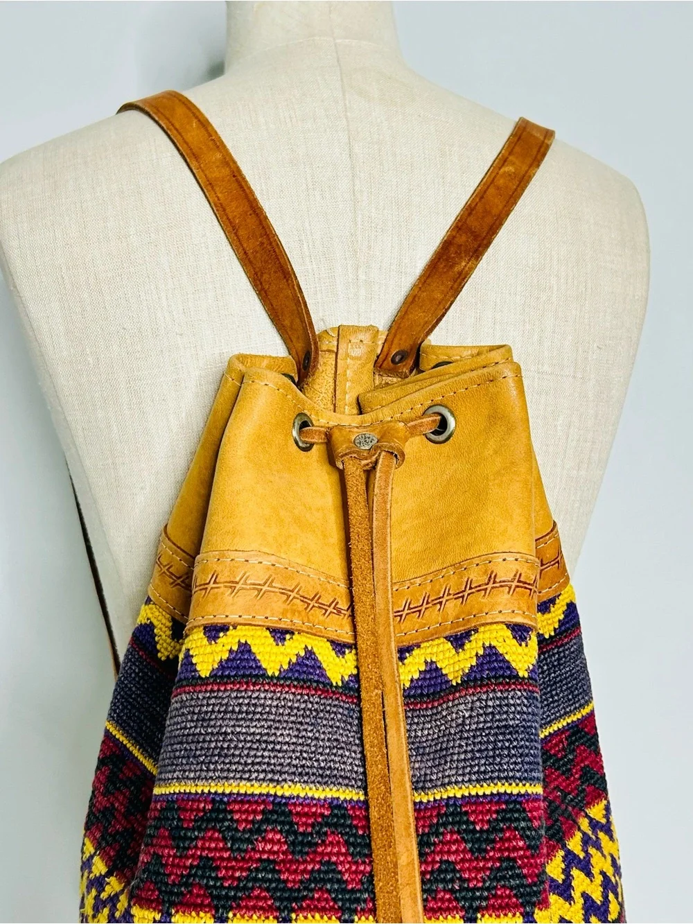 Vintage Handwoven Kilim Backpack Bucket Bag, Drawstring, Tribal Pattern, Leather